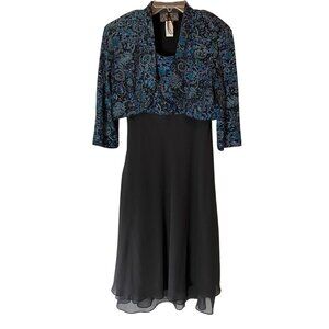 Alex Evenings Sleeveless Dress Black Blue Paisley Velvet Bolero Jacket Size 14 P